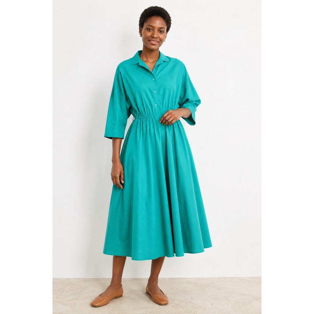Vintage 80s Teal Shirtwaist Midi Dress Pockets Cottagecore Secretary Size 8
